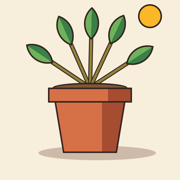 Illustration d'une plante en pot en PNG : feuilles vertes et pot en terre cuite ombrés en deux tons, cerne brun foncé, soleil jaune.