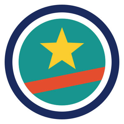 Emblème récupéré sur le web, en JPEG compressé : anneau bleu marine, disque turquoise, étoile jaune et bande orange.