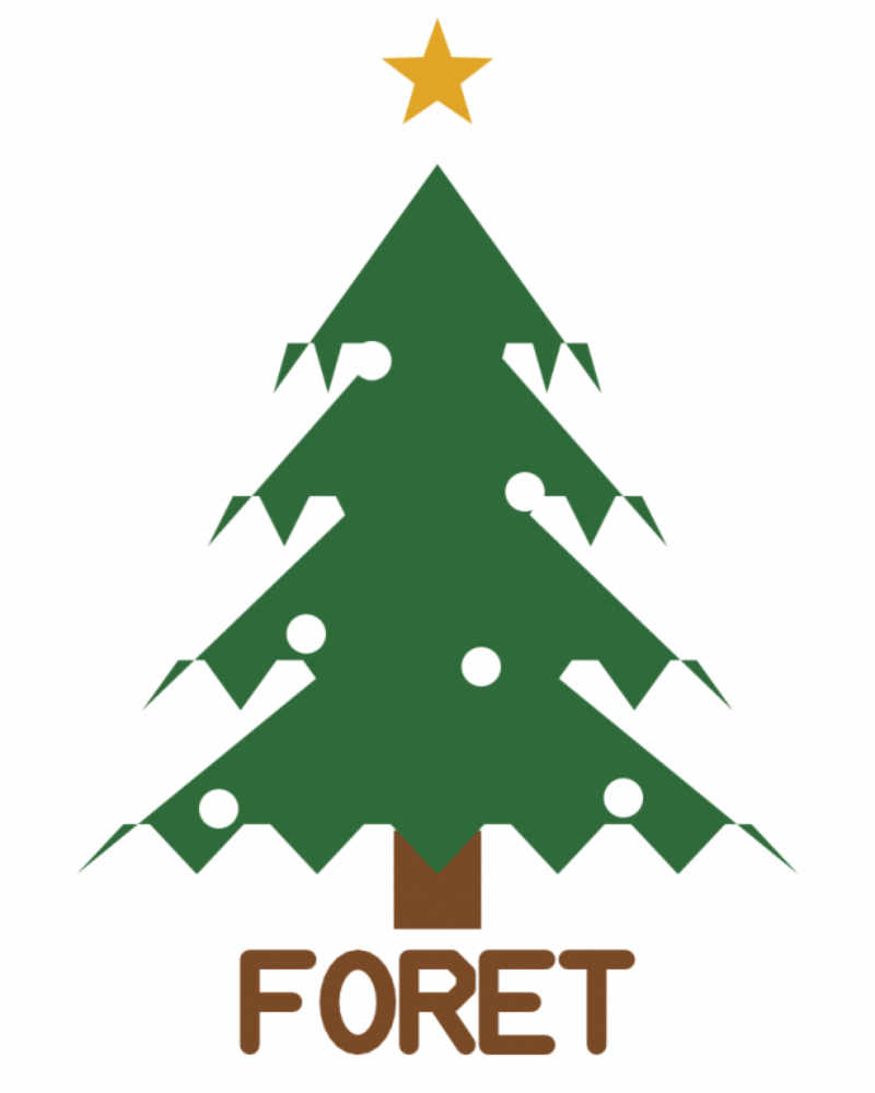 Dessin de sapin pour un sticker, en JPEG : branches en dents de scie, boules blanches dans le feuillage, étoile dorée détachée au sommet, mot FORET sous le tronc.