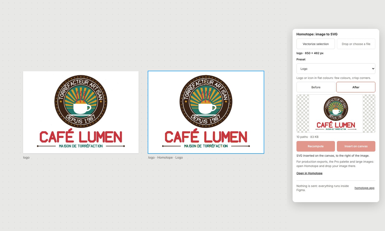 Un logo matriciel dans Figma et son SVG inséré à droite, aperçu « After » dans le panneau du plugin.