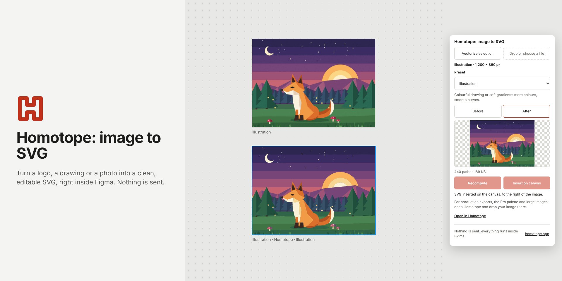 Le plugin Homotope ouvert dans Figma : une illustration et, à sa droite, le SVG vectorisé inséré dans le canvas.