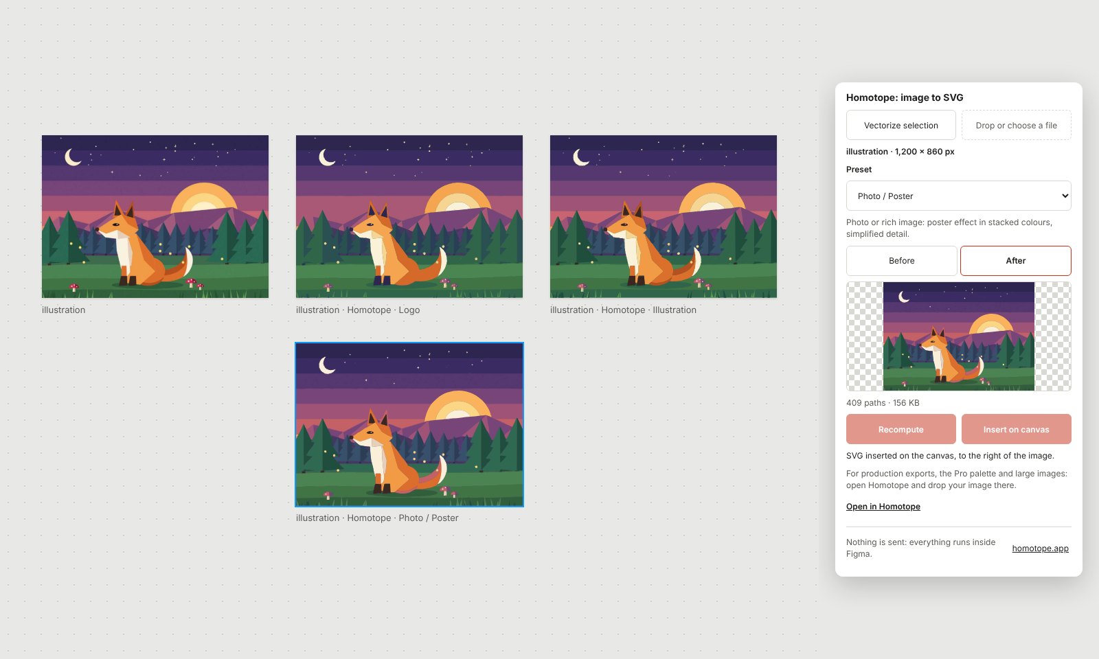 La même illustration vectorisée trois fois dans Figma, avec les préréglages Logo, Illustration et Photo / Affiche.